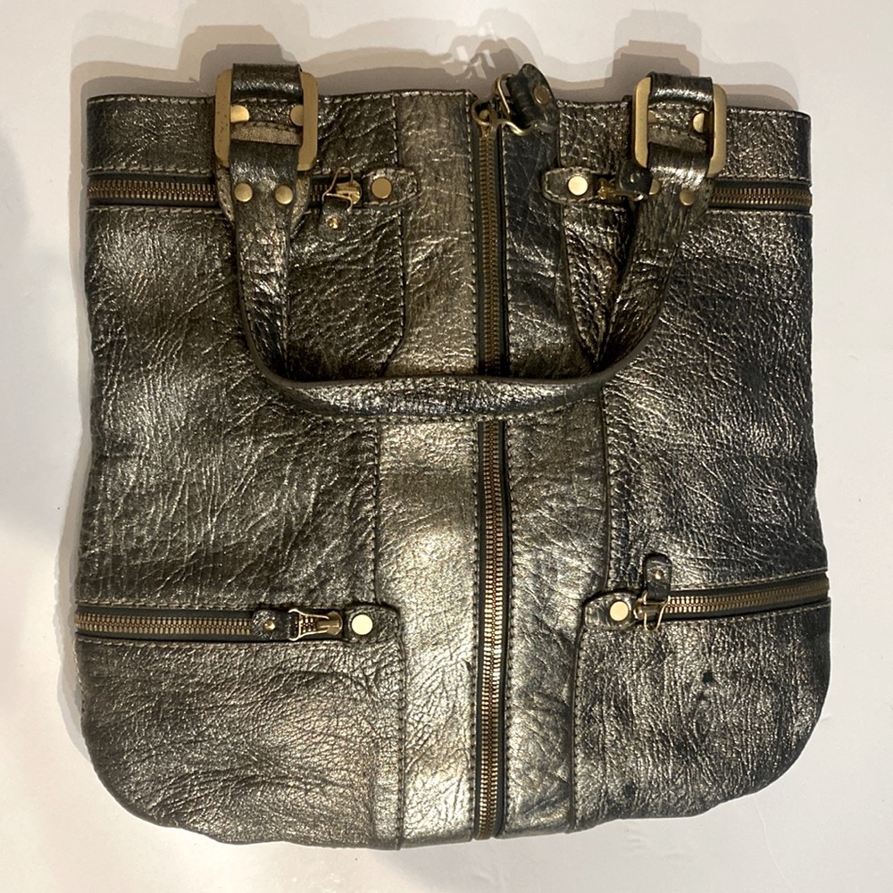 Jimmy Choo Silver Metallic Handbag Gold Zippers Leather Tote Bag New